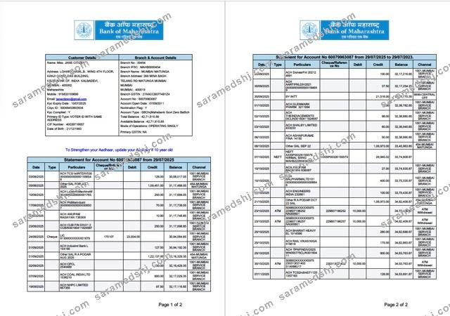 India Bank of Maharashtra statement of account Word and PDF template, 2 pages